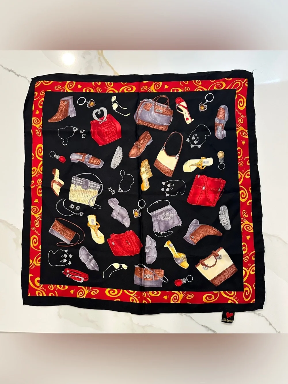 Brighton Silk Scarf in Black, Red and Yellow with Swirl Border
